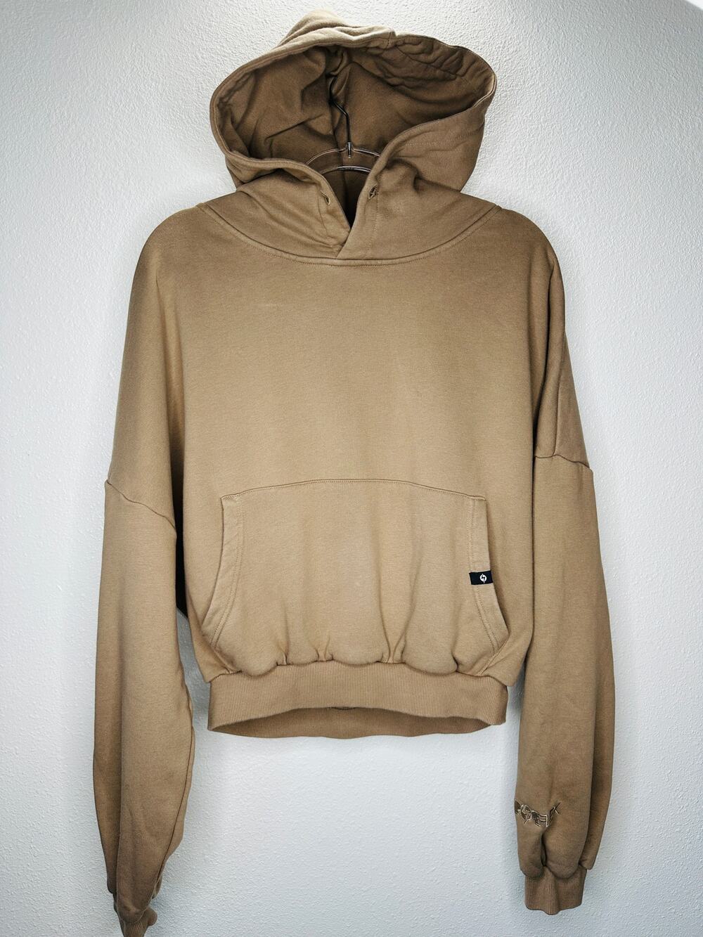 Popflex Tan Taupe Kangaroo Pocket Drop Shoulder Crop Pullover Hoodie S/M
